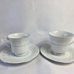 TWO Crown Ming Queen's Lace Cup & Saucer Sets White Flowers Platinum Trim